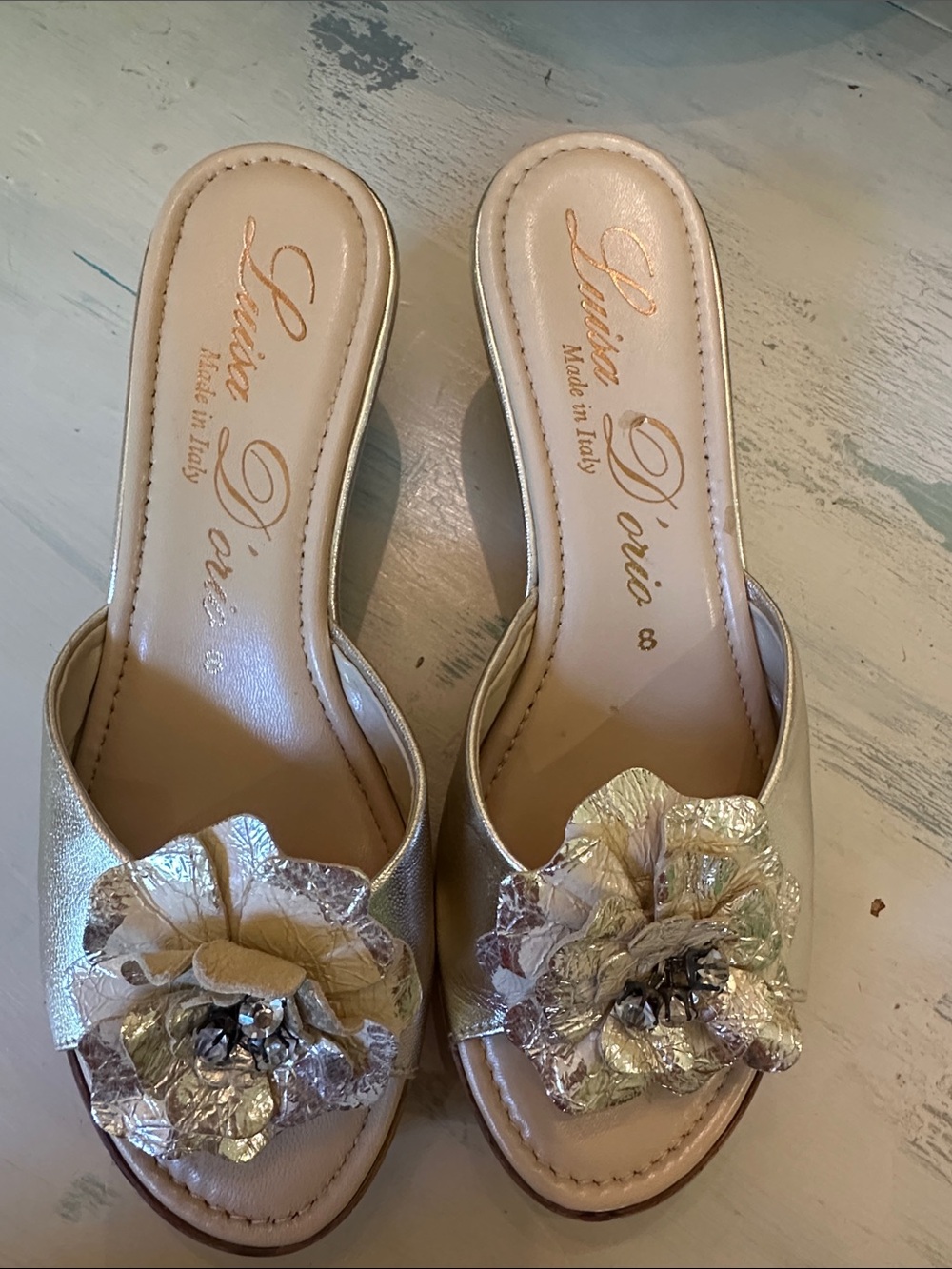 Luisa D’orio Italian Gold Floral Slip-On Sandals